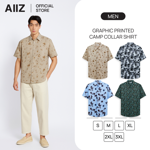 AIIZ เสื้อเชิ้ตผู้ชายแขนสั้นปกฮาวายพิมพ์ลาย รูปที่ 1