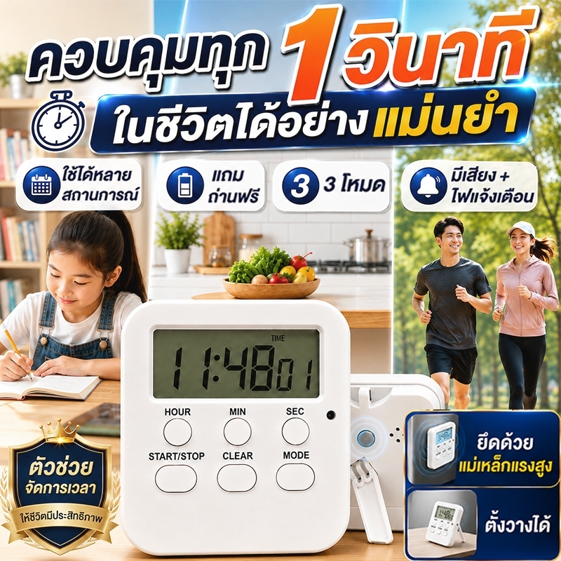 นาฬิกาจับเวลา ฟรีถ่าน Digital Kitchen Timer ไฟแจ้งเตือน+มีเสียงเตือน  ตั้งเวลาทำอาหาร หน้าจอใหญ่ แม่นยำทุกวินาที