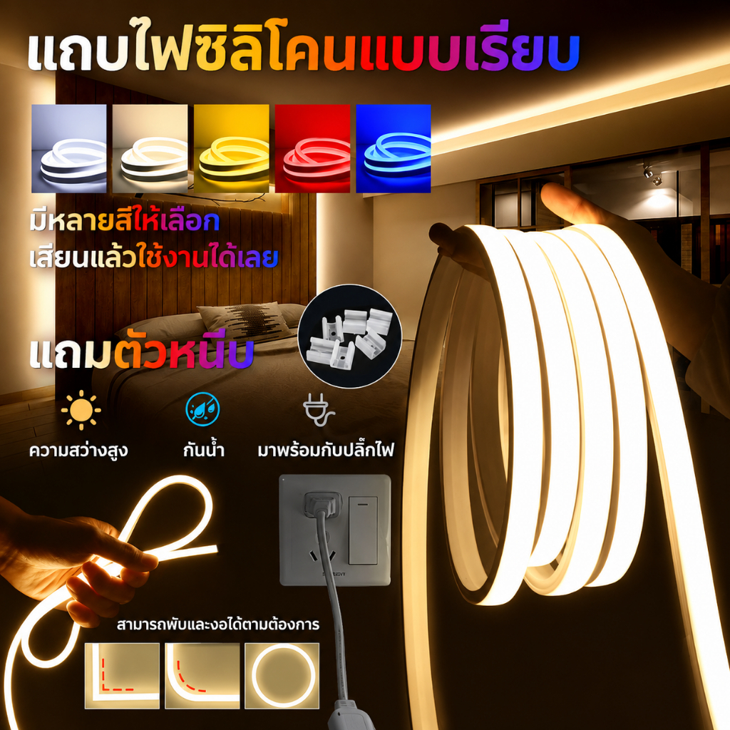 YAKO ไฟแถบนีออน ไฟเส้น LED ความยาว 3-30 ไฟแต่งห้อง ต่อปลั๊กให้พร้อมใช้งาน กันน้ํา Neon Flex