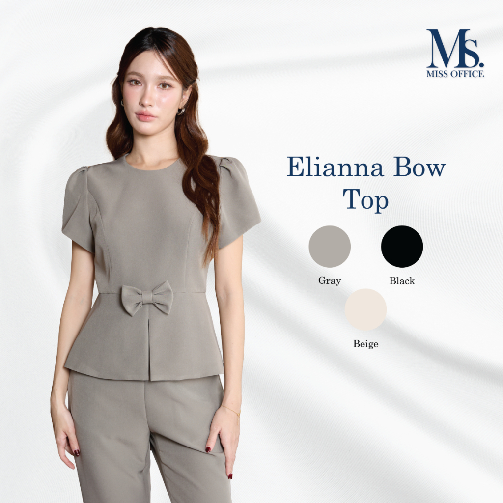 Miss Office เสื้อคอกลมแขนสั้นแต่งโบว์เข้ารูป (Elianna Bow Top) (MT-521)