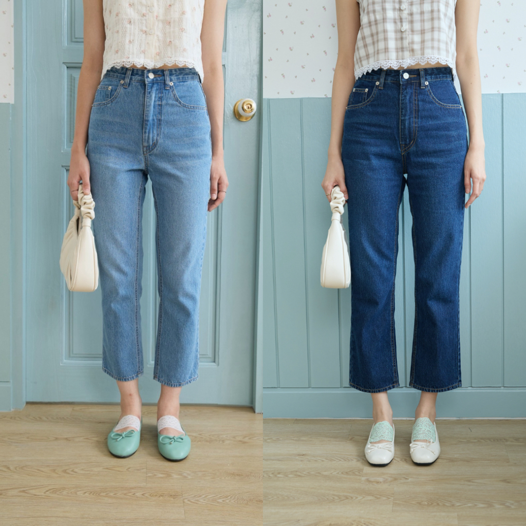 Sis storyกางเกงยีนส์ ขายาวทรงกระบอกเอวสูง  Sis548 Luna Cropped Slim Fit Jeans - Dark blue/ Blue