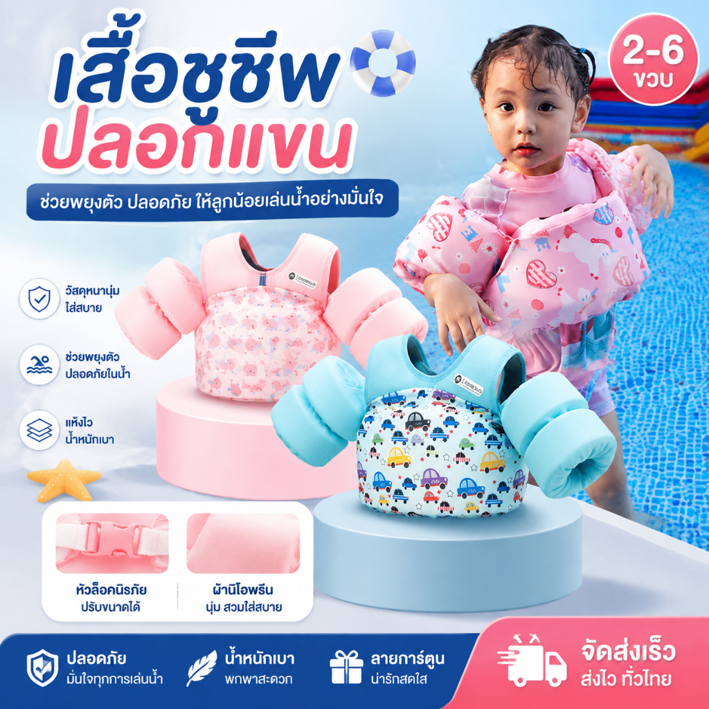 เสื้อชูชีพแขนสำหรับเด็ก 2-6 ปี - รับน้ำหนัก 11-30 กก. มาตรฐานปลอดภัย รอบอกปรับได้ 75-85 ซม. (ของเล่นน้ำปลอดภัย)