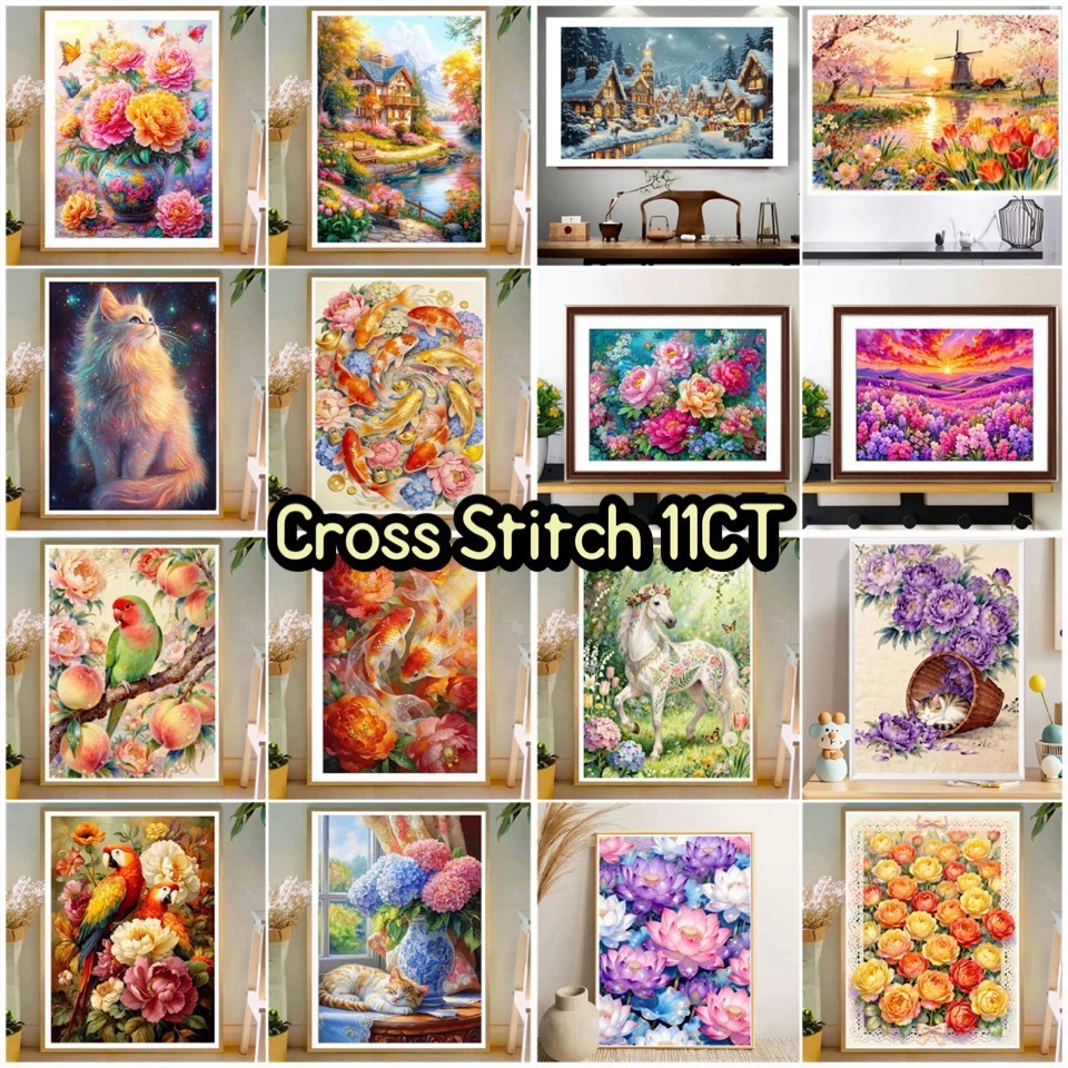 (พร้อมส่ง) ชุดปักครอสติชเส้นด้าย 11CT Cross stitch (ปัก3เส้น) ครอสติชผ้าพิมพ์ลาย DIY งานเย็บปักถักร้อย