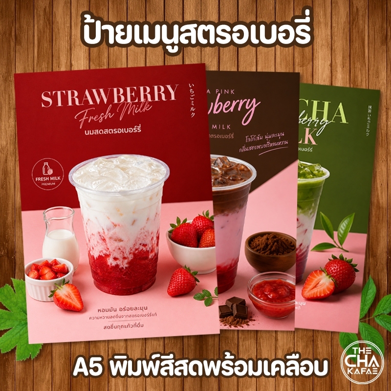 (A5 สตรอเบอรี่) ป้ายเมนูเครื่องดื่ม ขนาด A5 เคลือบใสแข็ง