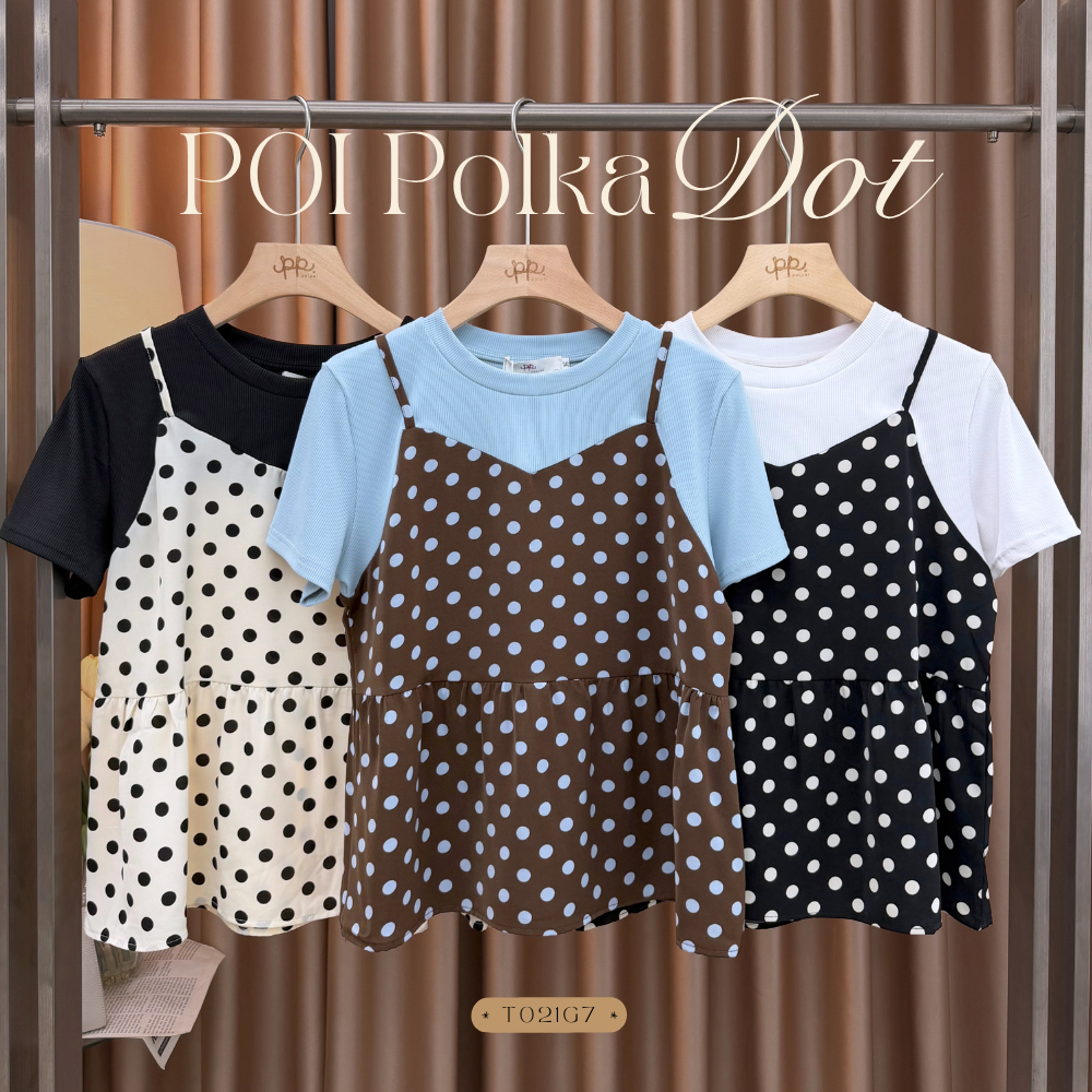 POI Polka doll เสิ้อคอกลมผ้ายืดทรูโทนสายเดี่ยวลายจุด T021G7