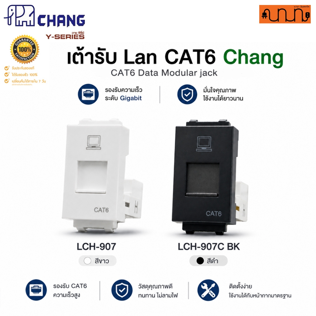 เต้ารับ Lan CAT6 ช้าง Chang แท้💯% สีขาว LCH 907 ,LCH-907C BK เต้ารับคอมพิวเตอร์ เต้ารับอินเทอร์เน็ต