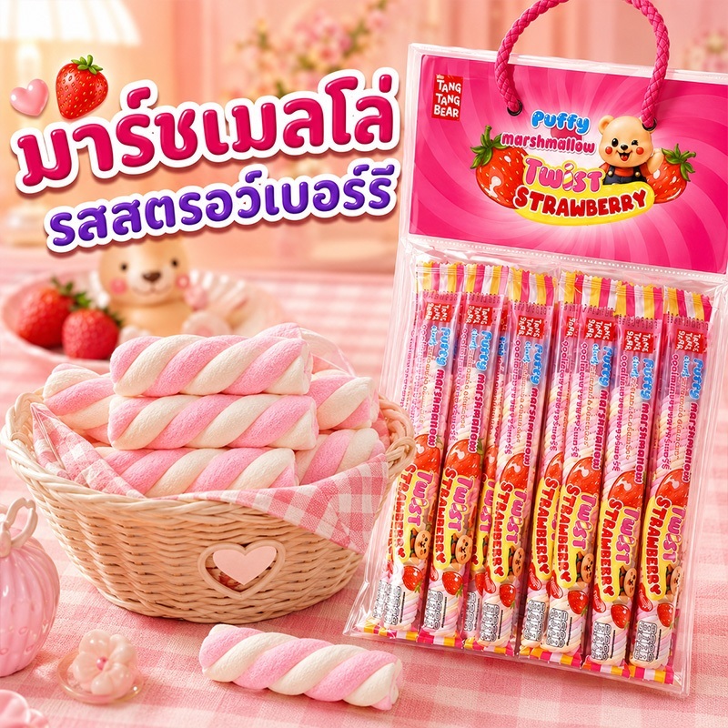 มาร์ชเมโล่เส้นเกลียว Tang Tang Bear รสสตรอว์เบอร์รี ฮาลาล 12 ซอง ขนมปาร์ตี้เด็ก แบ่งทานง่าย