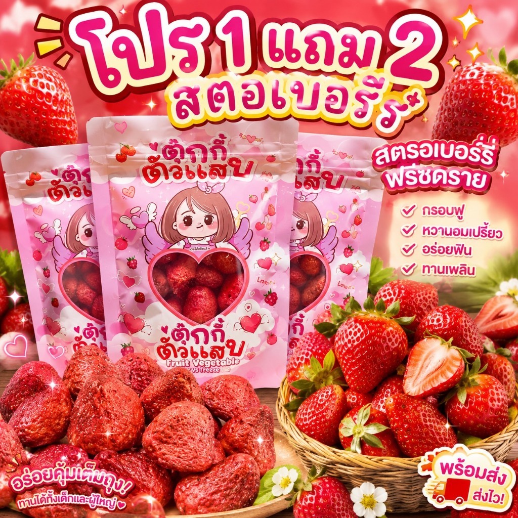 (ลดโหด)1แถม2 สตอฟรีซดราย ถุงละ30g.เปรี้ยวหวานๆ ตุ๊กกี้ตัวแสบ