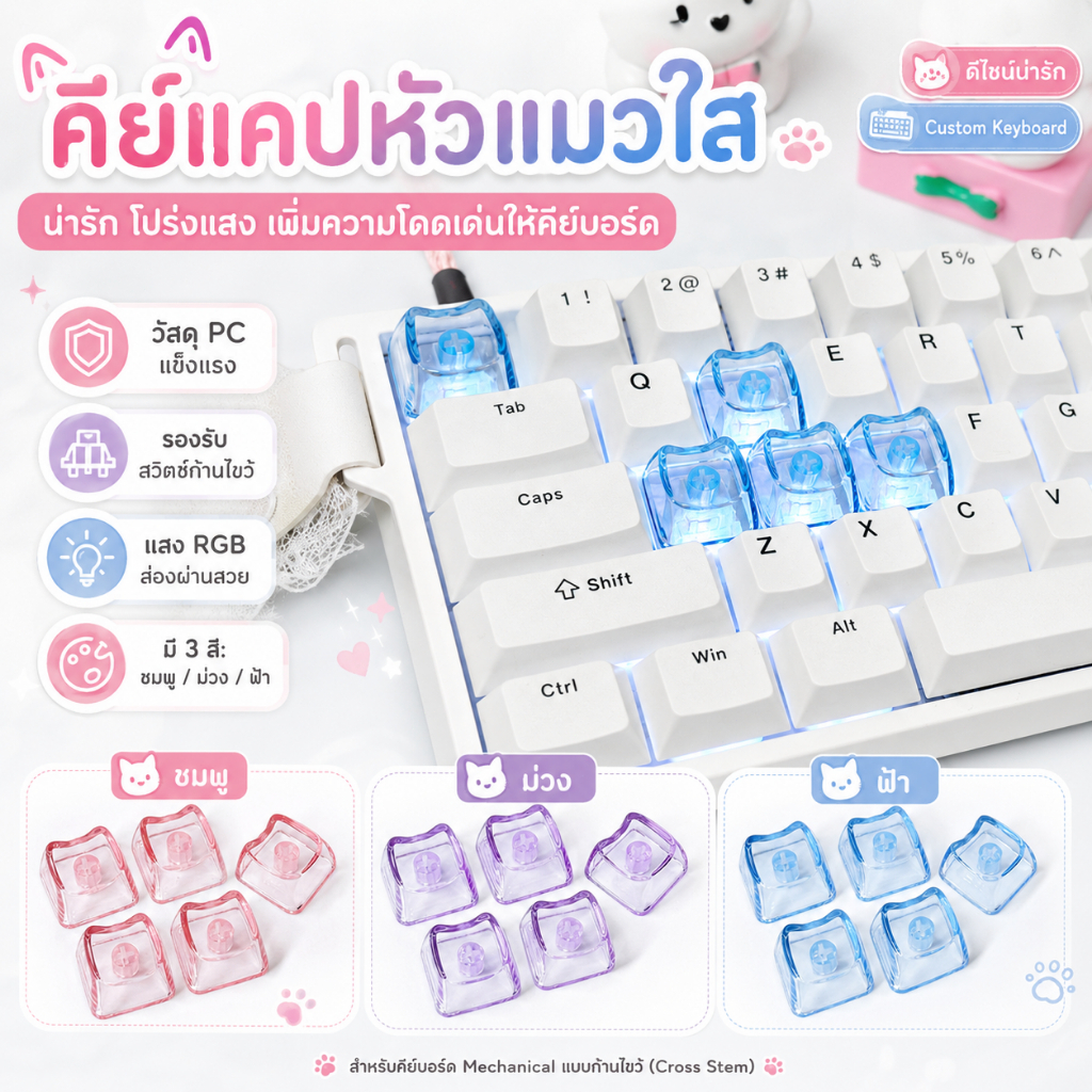 MAO Keycaps คีย์แคป PC รูปหัวแมวน่ารัก โปร่งใส หนา 1.7 มม. เข้ากันได้กับก้านคีย์แคปแบบไขว้ คีย์แคปแมว Mechanical Keybord