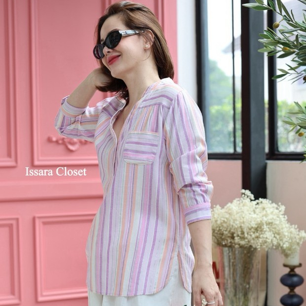 Long Shirt ลินิน-คอตตอน #ลายทางม่วง-ส้ม