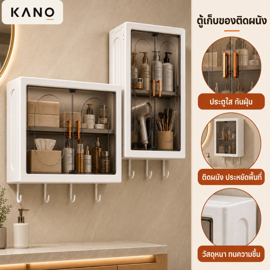 KANO ชั้นวางห้องน้ำ ตู้ติดผนังสี่เหลี่ยม ไม่เจาะผนัง  มีตะขอ