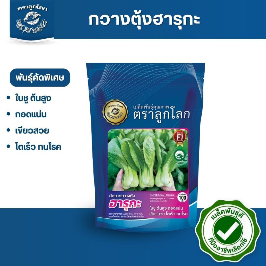 ตราลูกโลก เมล็ดผักกาดกวางตุ้งลูกผสมฮารุกะ Pakchoy เมล็ดพันธุ์ผัก ผักสวนครัว ผักซอง ลูกโลก ขนาด 100 กรัม