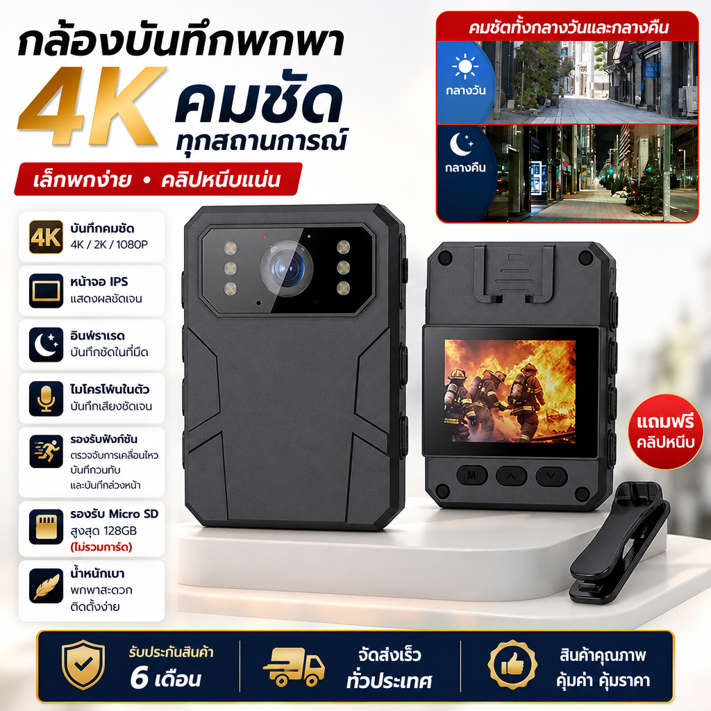 กล้องวิดีโอพกพา 4K แบบติดเสื้อ หน้าจอ IPS อินฟราเรดกลางคืน ไมโครโฟนในตัว บันทึกวิดีโอ ถ่ายภาพและเสียง รองรับ Micro SD
