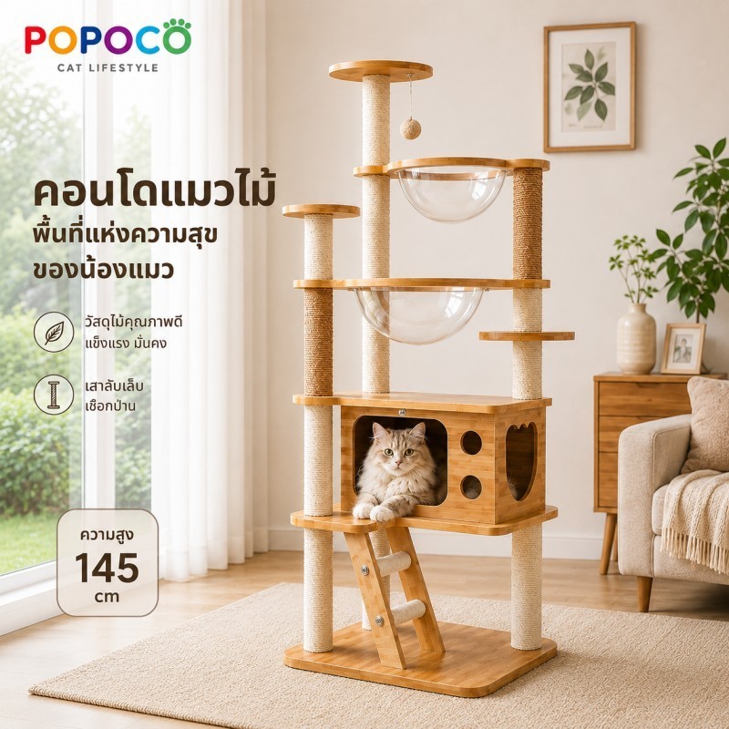 【POPOCO】คอนโดแมวไม้แท้ สูง145ซม. หลุมอวกาศใส บ้านแมวขนาดใหญ่ เสาลับเล็บเชือกป่าน คอนโดแมวมินิมอล Cat Tree