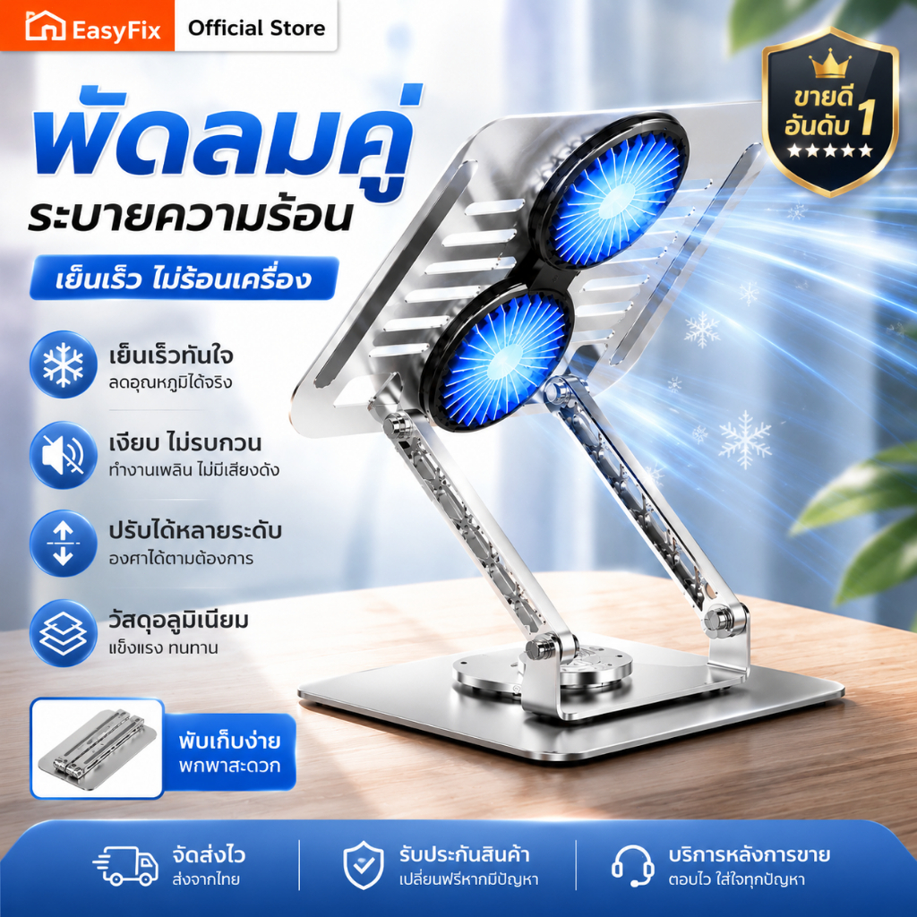 แท่นวางโน๊ตบุ๊ค พัดลมคู่ระบายความร้อน Metal Laptop Stand เย็นเร็ว ปรับระดับได้ พับได้ กันลื่น แข็งแรง เสียงเงียบ