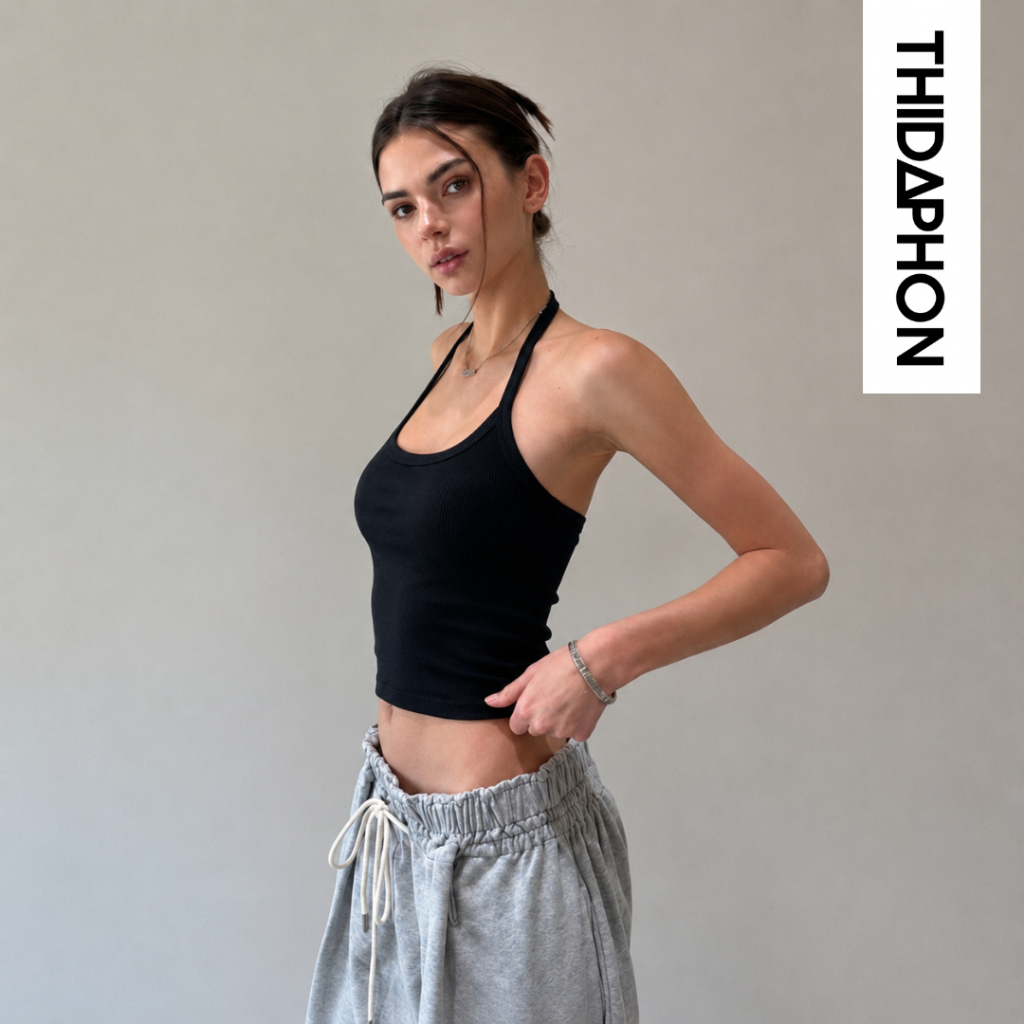 Thidaphon สายเดี่ยวครอป เสื้อสายเดี่ยว UN005 คล้องคอ เอวลอย ผ้ายูนิ ผสม ผ้าSpandex ยืดหยุ่นสูง สาวพลัสไซส์ใส่ได้ ส่งไทย