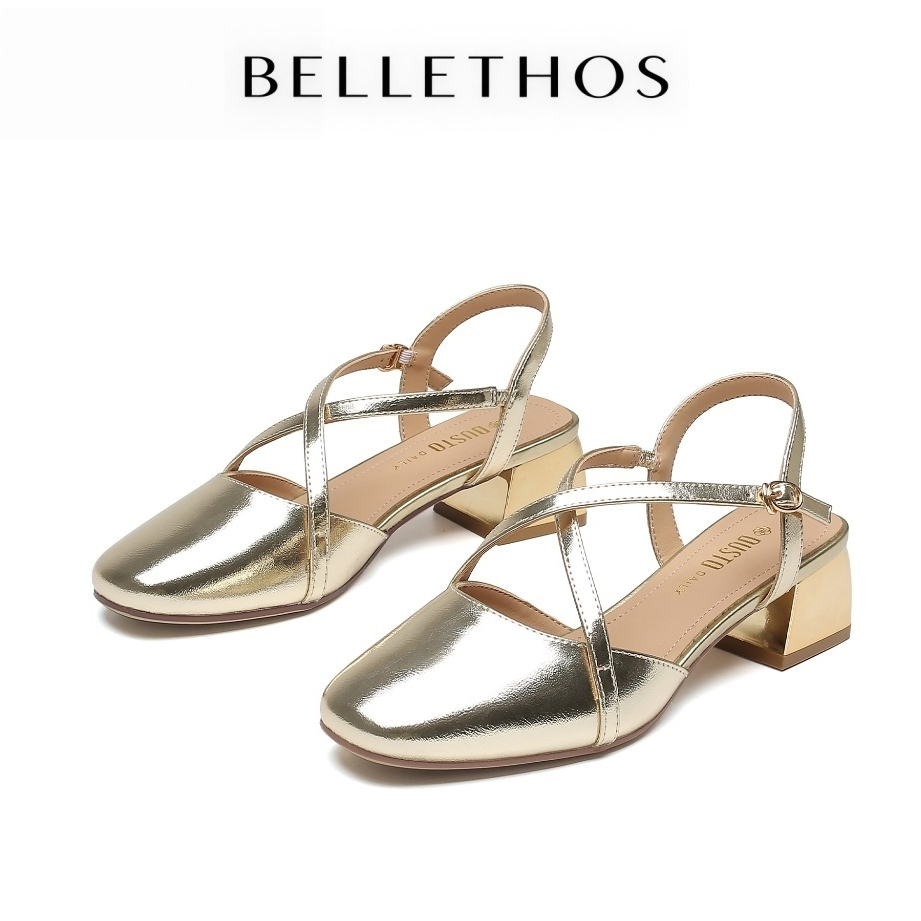 BELLETHOS รองเท้าแมรี่เจน สีเมทัลลิค ฤดูกาล2025 หัวตัดปลายมน ออกแบบทรงหน้าไคว้ สายรัดส้น รองเท้าแมรี่เจนเสริมส้น 5cm