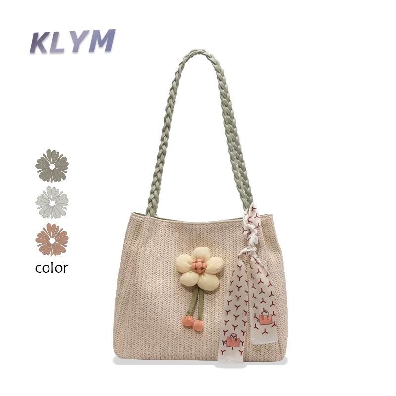 KLYM #TL026 กระเป๋าสาน Tote ผู้หญิง ลายดอกไม้ สไตล์เกาหลี ใบใหญ่ เบา สวย พร้อมเที่ยวทุกวัน