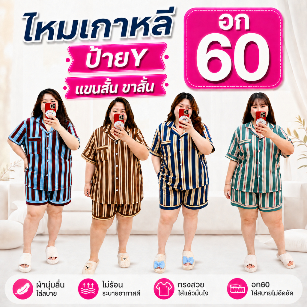 ชุดนอน อก60 แขนสั้น ขาสั้น ผ้าไหมเกาหลี ป้ายY