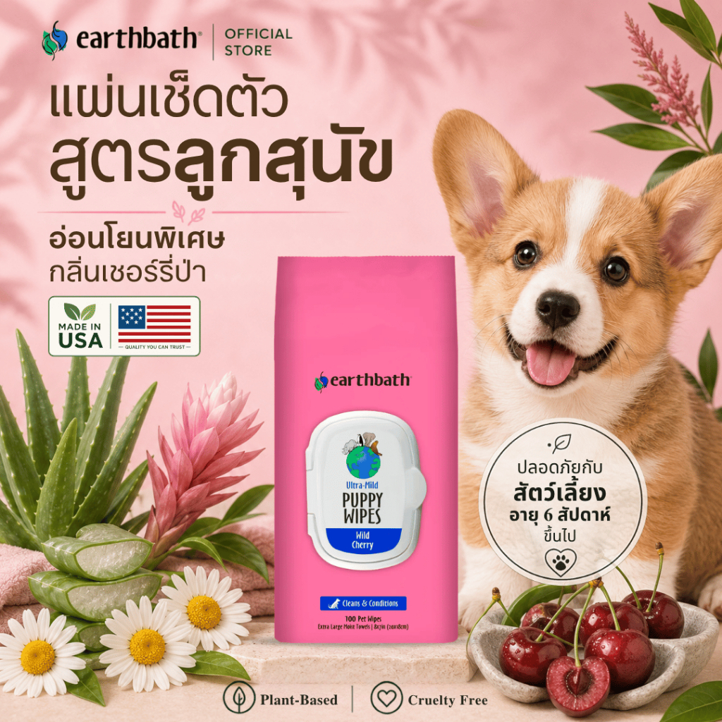 🇺🇸Made in USA🇺🇸 earthbath Ultra-Mild Puppy Grooming Wipes - Wild Cherryแผ่นเช็ดทำความสะอาดสูตรอ่อนโยนพิเศษสำหรับลูกสุนัข