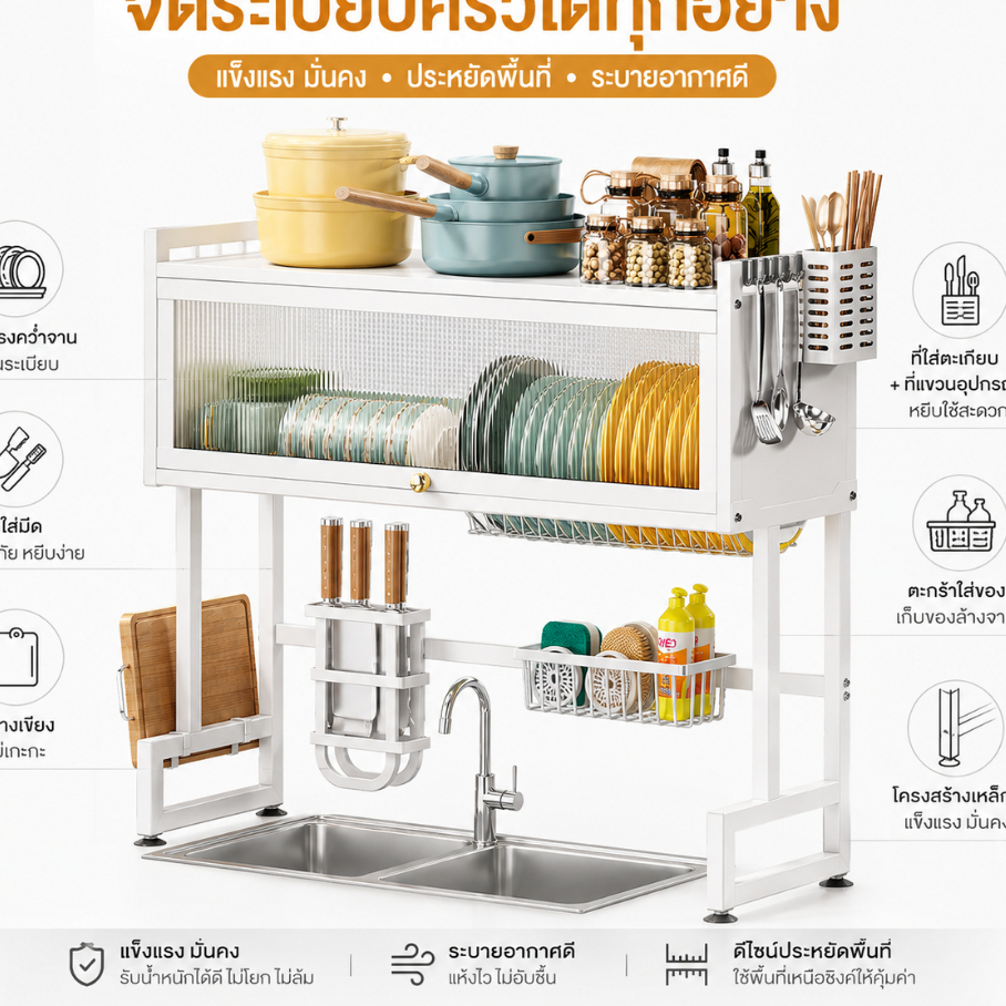 Haven Craft   ชั้นวางจานคร่อมอ่างล้างจาน ที่คว่ำจานสแตนเลส 2‑ชั้น โครงเหล็ก ที่วางจาน มีที่วาง ที่คว่ำจานมีฝา