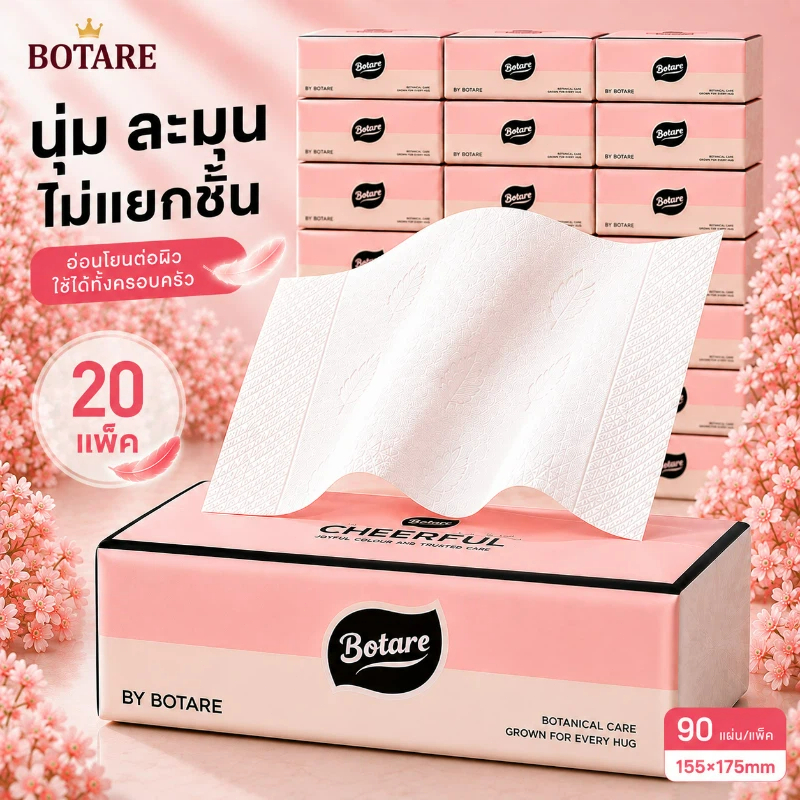 【10/ 20 ห่อ】Botare กระดาษทิชชู หรูหรา สบายต่อผิว | นุ่มละเอียดอ่อน | ปลอดภัย มั่นใจใช้ | 1800 แผ่น / 20 แพ็ค | 155 x 175