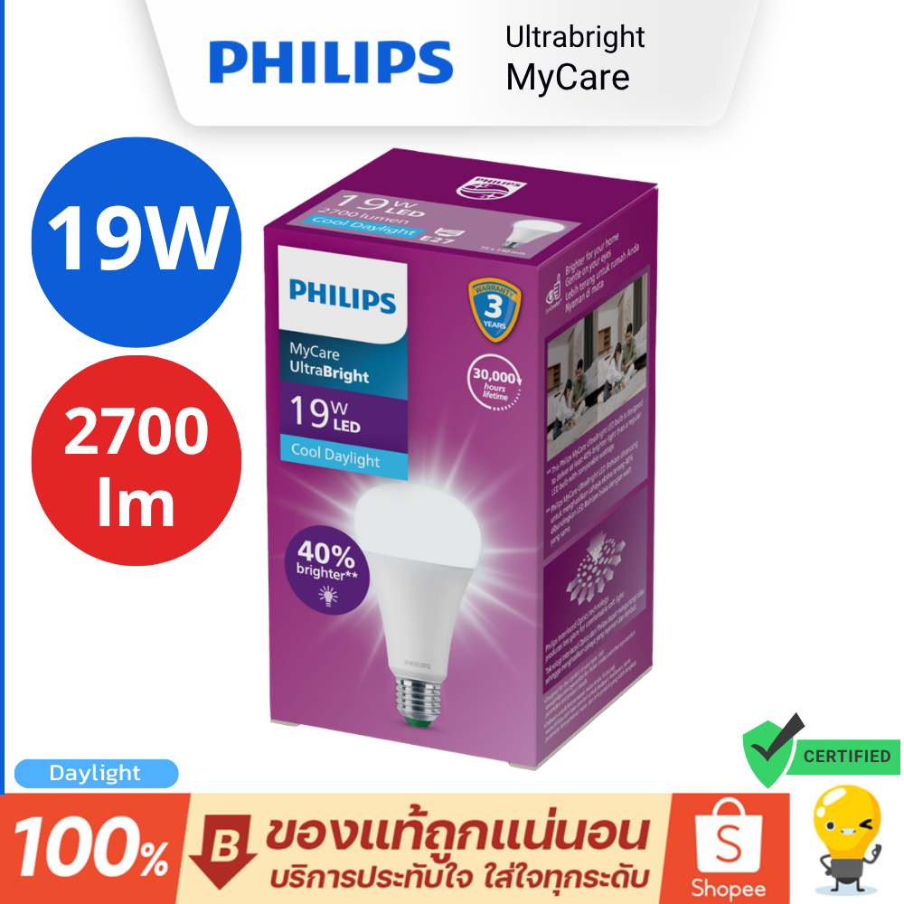 Philips หลอดไฟ รุ่น Mycare 19W 2700lm UltraBright 6500K แสงขาว Daylight A75 Led Bulb สว่างมากก