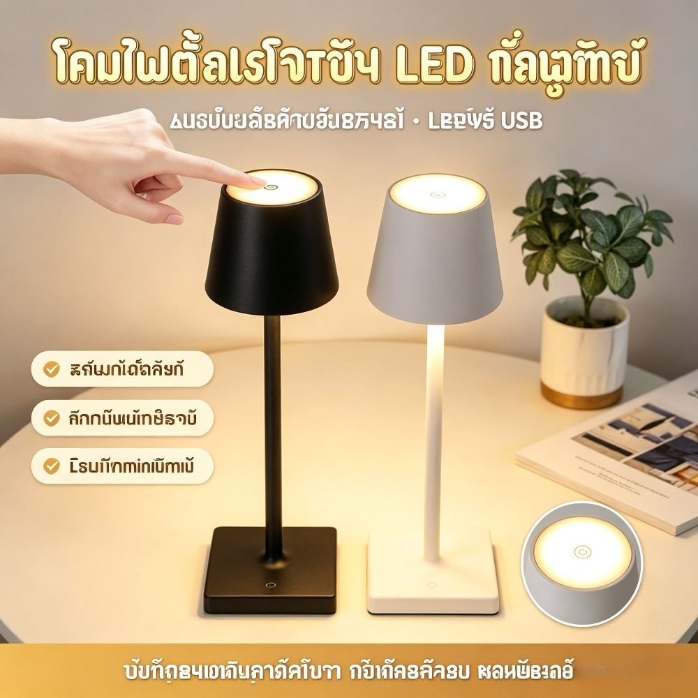 โคมไฟตั้งโต๊ะ Ins Style LED โคมไฟข้างเตียง ชาร์จ USB แบบพกพา 3สี ปรับความสว่าง ห้องบาร์ คาเฟ่ โรงแรม พร้อมส่งจากไทย