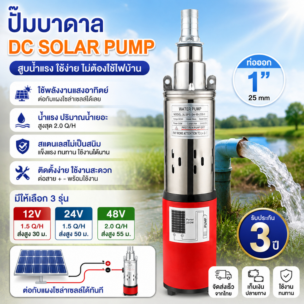 ปั๊มบาดาลสกรู/ใบพัด DC Solar 12V 24V 48V 1500ลิตร/ชม ท่อออก 1นิ้ว สแตนเลส สำหรับสวน ไร่ ฟาร์ม