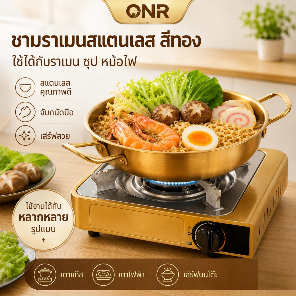 ONR หม้อสแตนเลสสีทองหูจับคู่ 20ซม หม้อสแตนเลสสีทองสไตล์ร้านอาหาร ใช้บ้านแคมป์ปิ้ง ราเมน ซุป หม้อไฟ ได้หมด