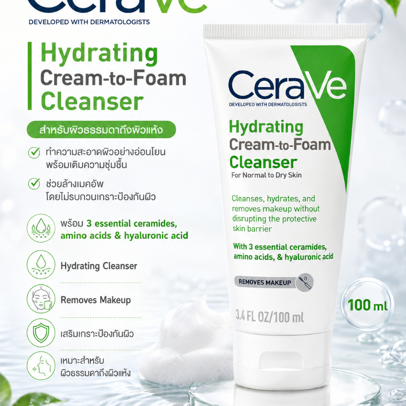 โฟมล้างหน้า CeraVe 100ml ครีมเป็นโฟม ทำความสะอาดล้ำลึก
