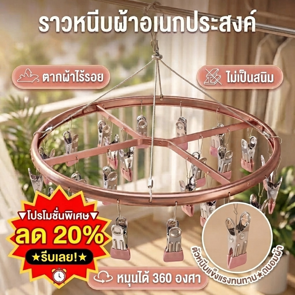 ไม้แขวนเสื้อกลมอลูมิเนียม 28 คลิป หมุนได้ 360° คลิปหนีบแข็งแรง ไม่หลุดง่าย สำหรับตากถุงเท้า ชุดชั้นใน เสื้อผ้าเด็ก