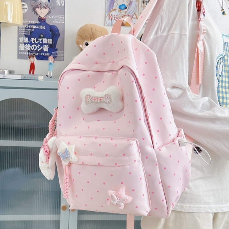 กระเป๋าเป้ลายจุด ดีไซน์สวย สีหวานสดใส สีลูกกวาด น้ำหนักเบา ความจุใหญ่ สำหรับนักเรียน ใช้เดินทางได้