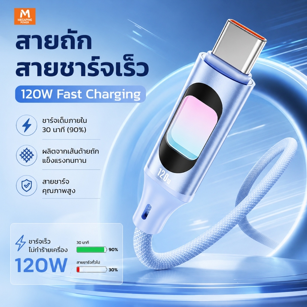 สายชาร์จเร็ว Type-C 120W สายถักไนลอนทนทานพิเศษ ชาร์จไว ไม่ร้อน ปลอดภัยไม่ทำร้ายเครื่อง