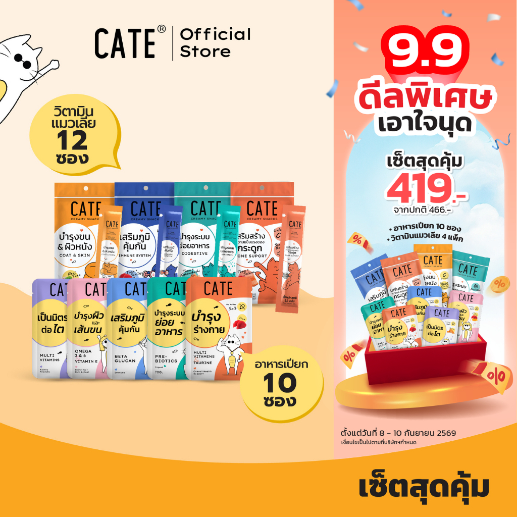 Set แพ็คคุ้ม CATE เคท อาหารเปียกแมว 5 สูตรบำรุงร่างกาย (10 ซอง) ขนมแมวเลีย 4 สูตร (4 แพ็ค) ไม่เติมเกลือ
