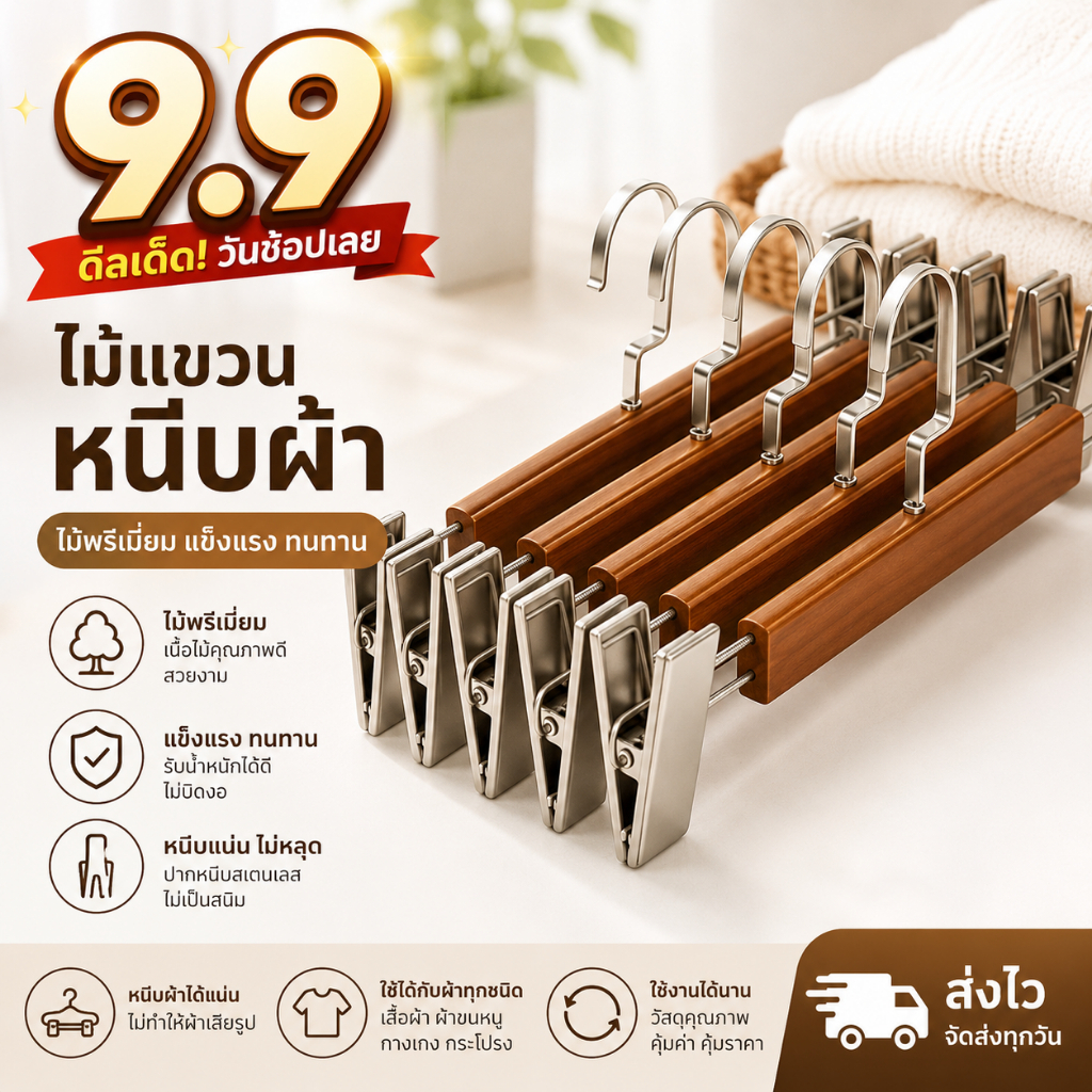 โปร 9.9 (5Pcs)ไม้แขวนเสื้อแบบหนีบ ไม้แข็งแรง ตัวหนีบสแตนเลส กางเกง กระโปรง 30/32/35ซม. ตะขอเหล็กหมุนได้ รับน้ำหนักได้