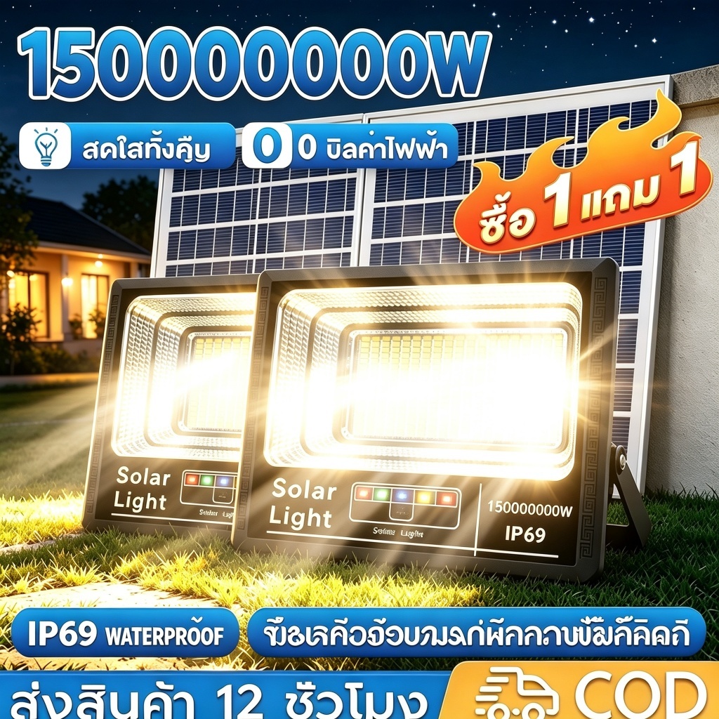 【ซูเปอร์ดีล!】 ไฟโซล่าเซลล์ ซื้อ 1 แถม 1 ไฟถนน โซล่าเซลล์ 150000w Solar Light กันน้ำ กันฟ้าผ่า แสงสีขาว พร้อมรีโมท สายไฟ