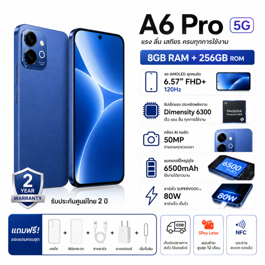 OPPO A6 Pro 8+256GB | หน้าจอ 6.57 นิ้ว | แบต 6500mAh | สมาร์ทโฟน 5G รุ่นใหม่ จัดส่งฟรี