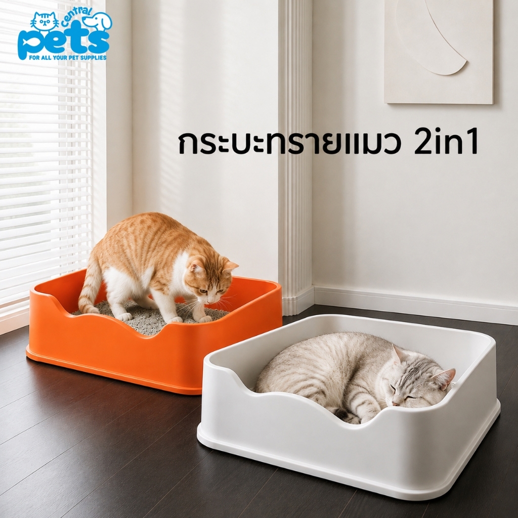 Petcentral กระบะทรายแมว 2in1 ขนาด 50cm ใช้เป็นที่นอนแมวได้ พลาสติก PP หนา ขอบมน ไม่บาดอุ้งเท้า ล้างง่าย ทรายไม่ติด