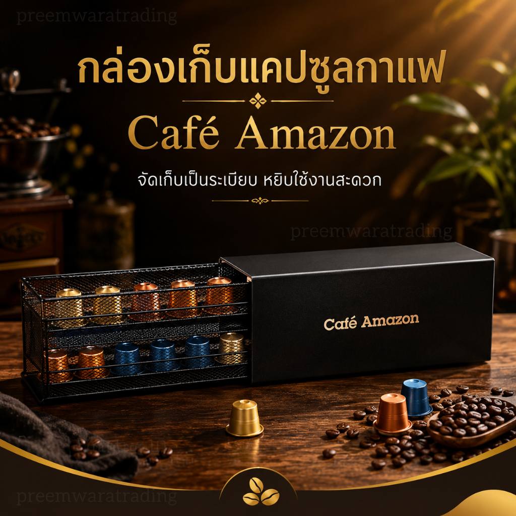 Café Amazon กล่องเก็บแคปซูลกาแฟ พร้อมลิ้นชักตะแกรงโลหะสีดำ กล่องจัดระเบียบแคปซูลกาแฟ