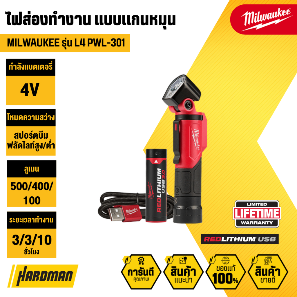 MILWAUKEE L4 PWL-301 ไฟฉายโลหะหมุนปรับแสง LED REDLITHIUM™ USB