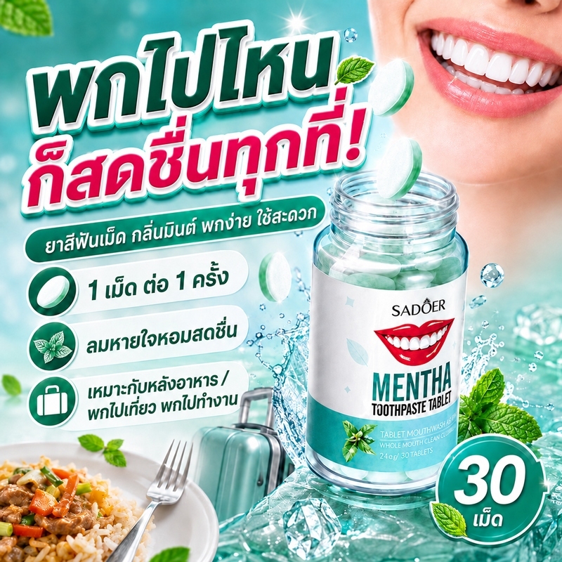 ไม่ต้องแปรงฟันแบบเดิม ยาสีฟันเม็ด ลมหายใจสดชื่น ยาสีฟันชนิดเม็ดพร้อม  ทำความสะอาดลึกซึ้ง ลดคราบเหลือง พกพาง่าย