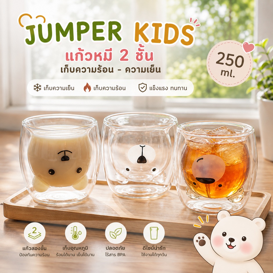 Jumper Kids แก้วหมี แก้วสองชั้น ขนาด 250 ml.