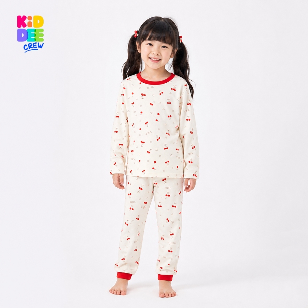 KiddeeCrew ชุดนอนเด็ก สีครีมเชอรี่แดง ผ้าcotton100% น่ารักฟีลเกาหลี คอลเลกชันใหม่ อายุ 1-12 ปี