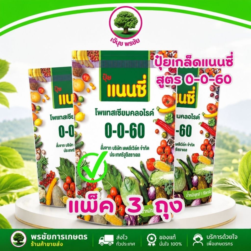 ปุ๋ยเกล็ดแนนซี่ สูตร 0-0-60 (แพ็ค 3 ถุง) สร้างเนื้อ เร่งหวาน น้ำหนักดี ขนาด 1 กก./ถุง ผสมน้ำได้ 200 