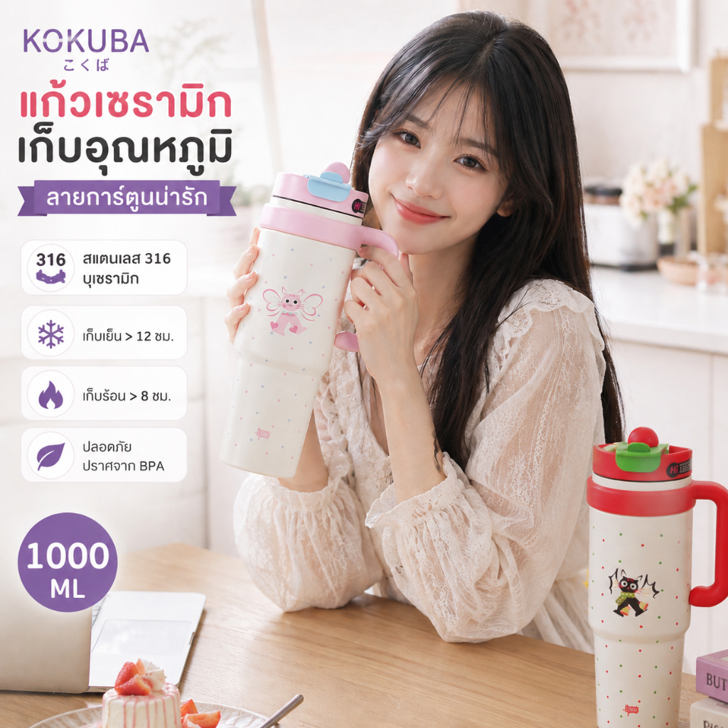 KOKUBA แก้วน้ำ 1000ml เก็บความเย็น เก็บความร้อน สแตนเลส 316 เคลือบเซรามิก แก้วน้ำมีหูจับ ลายน่ารัก BPA Free