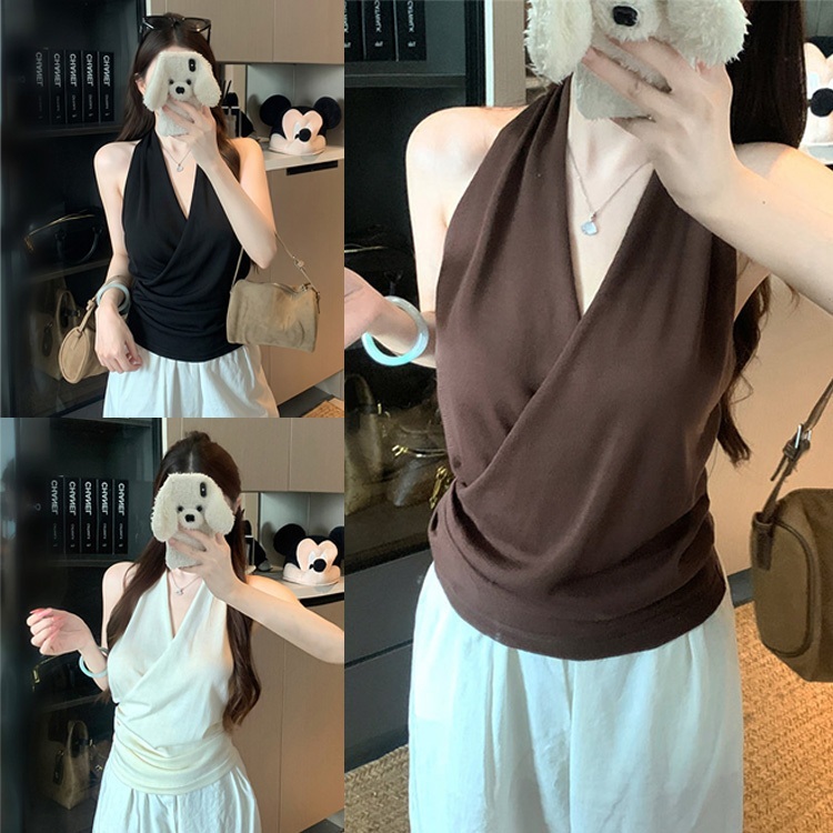 ส่งจากไทย เสื้อแขนกุดเข้ารูปสำหรับผู้หญิง เสื้อผ้าถักสายเดี่ยวคล้องคอคอV สไตล์เซ็กซี่สง่างาม สีพื้น เข้ากับทุกชุด#097