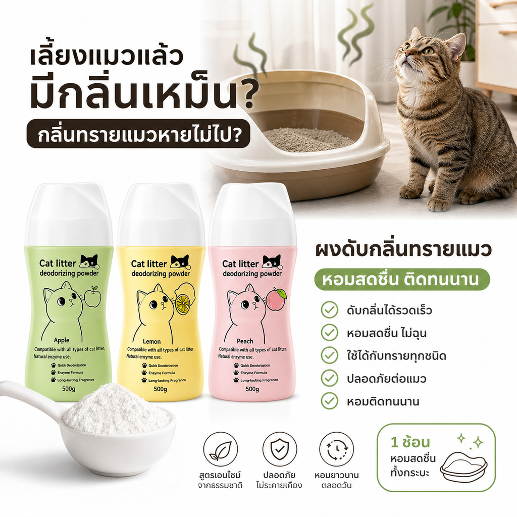 🔥ผงดับกลิ่นทรายแมว🔥500g ลดการสะสมของแบคทีเรีย ดูดซับความชื้น และช่วยยืดอายุทรายแมว