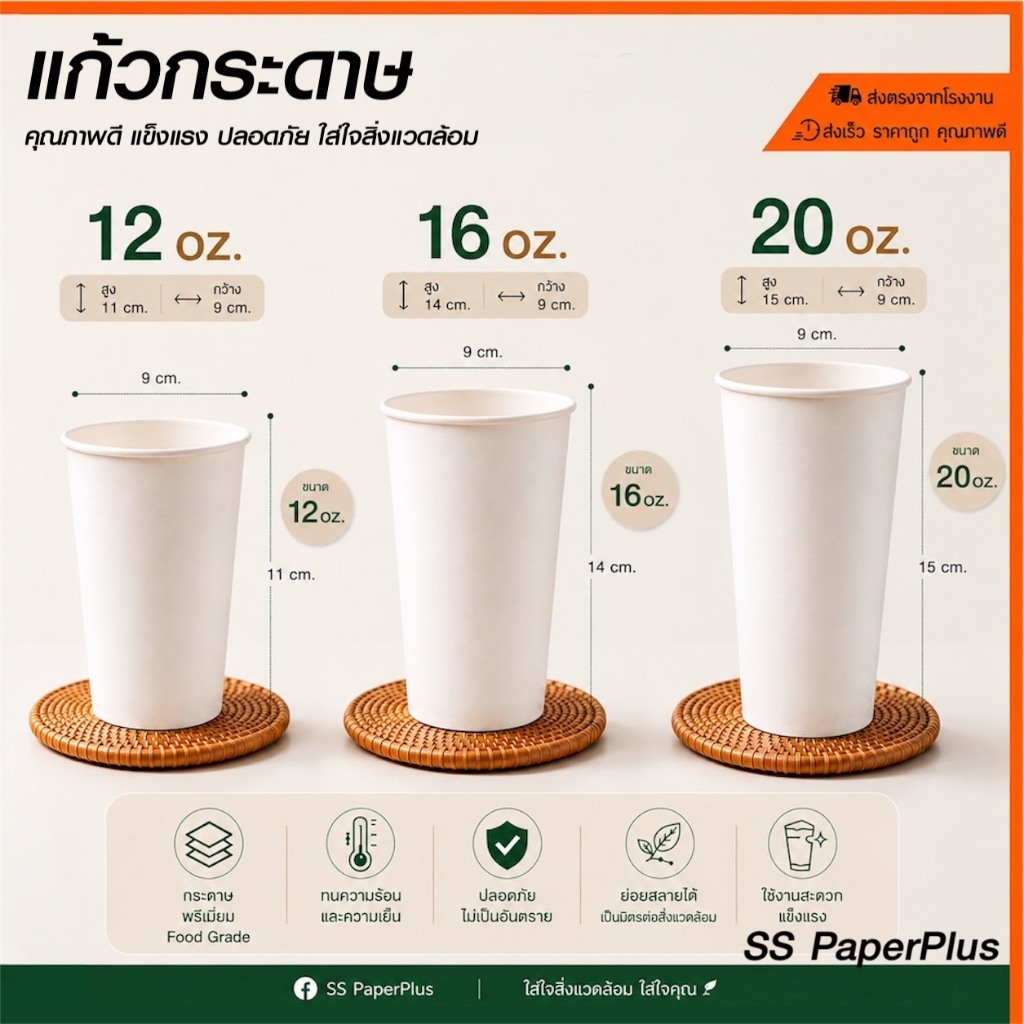 แก้วกระดาษสีขาว 12oz, 16oz, 20oz (บรรจุ 50 ใบ/แพค)