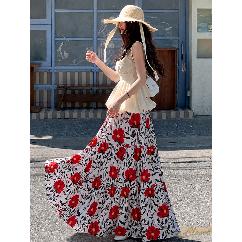 IT132 TARA SKIRT กระโปรงยาวเอวสูง ลายดอก เอวยางยืด แต่งระบาย 3 ชั้น เนื้อผ้าไหมอิตาลีพิมพ์ลาย ผ้าดี ใส่สบาย